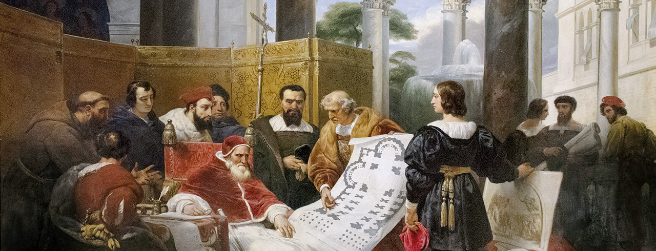 El papa Julio II ordenando a Bramante, Rafael y Miguel Ángel construir el Palacio vaticano y San Pedro
